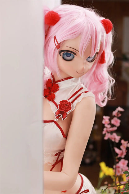 Three-quarter portrait of Mirumi sex doll showing the anime face and red costume details