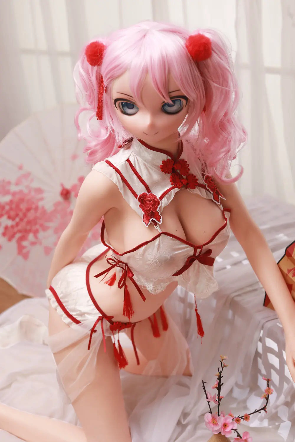 Three-quarter seated view of Mirumi sex doll with one hand raised