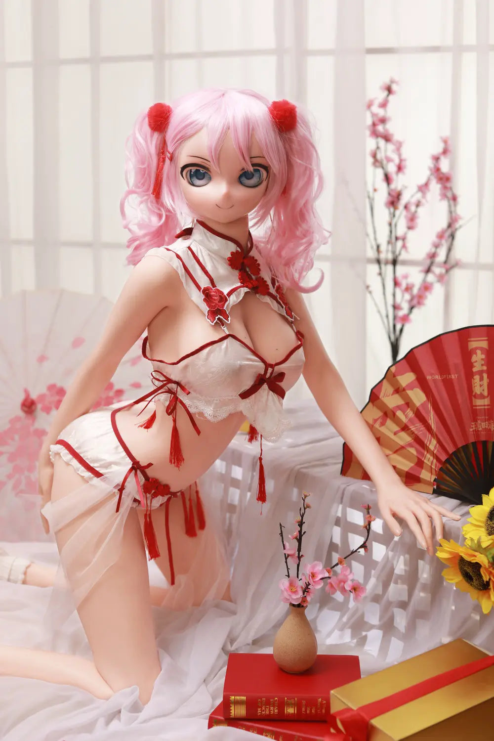 Mirumi sex doll seated beside a wicker basket and decorative fans