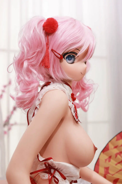 Rear portrait of Mirumi sex doll looking over one shoulder