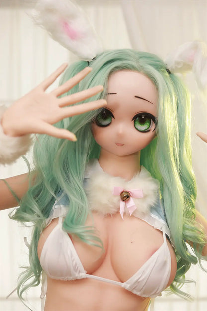 Closer front view of Mintori waifu sex doll with one hand framing the anime eyes
