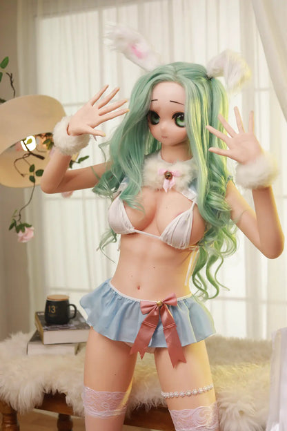 Full-length view of Mintori sex doll in a pale blue-and-white outfit beside a table lamp