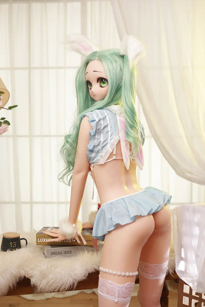 Rear three-quarter view of Mintori sex doll seated in a pastel outfit