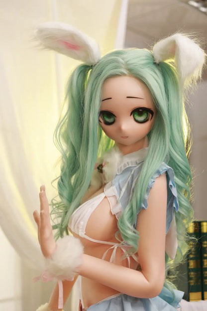 Three-quarter portrait of Mintori sex doll looking back with mint-green hair over the shoulder
