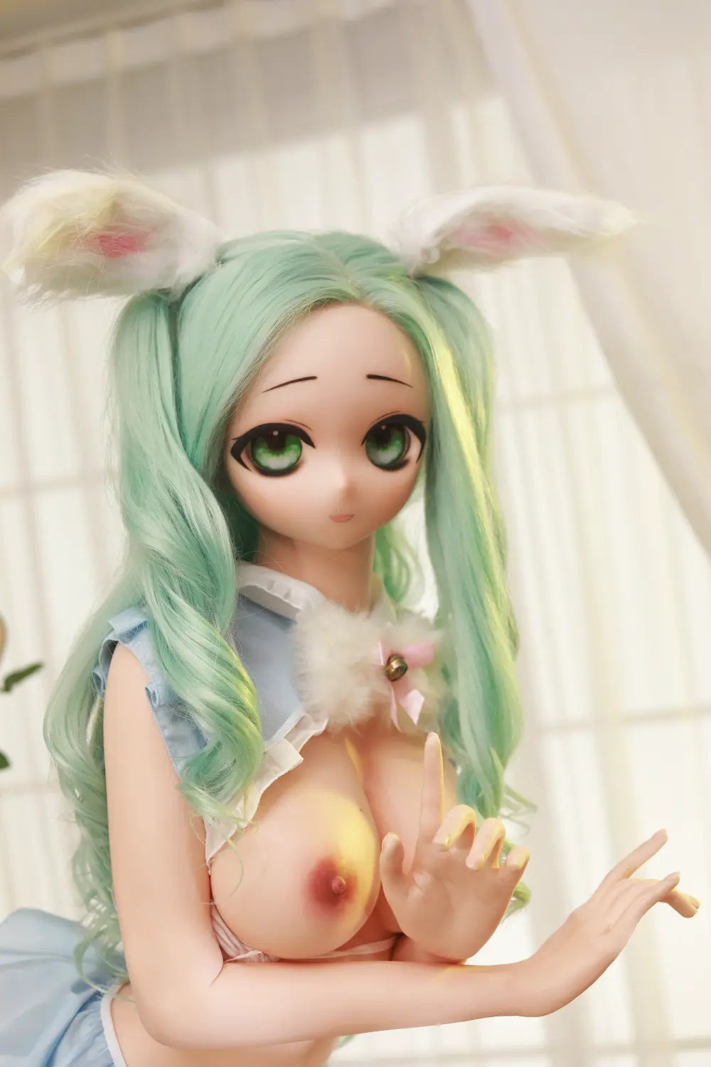 Portrait of Mintori sex doll showing the anime face and decorative bunny ears