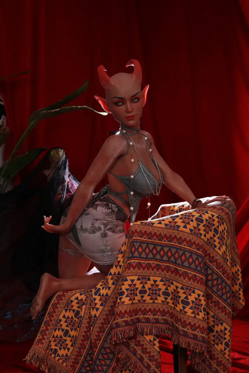 Front portrait of Tauris fantasy sex doll with a gray top and decorative necklaces