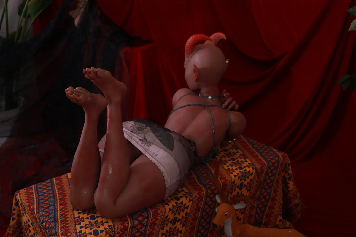 Tauris sex doll seated with one knee raised and a hand resting beside the leg