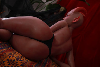 Rear three-quarter view of Tauris sex doll seated on a patterned platform under green lighting