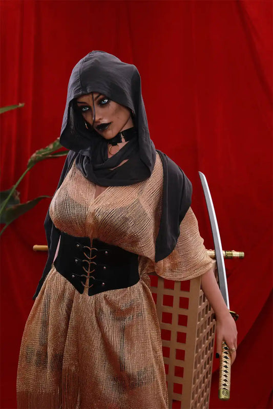 Vhaera dark elf warrior sex doll wearing a hooded cloak and wide black waist belt against a red backdrop