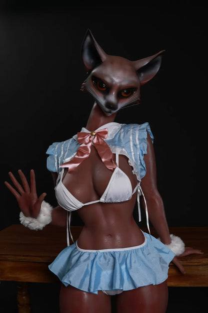 Vesper fox collector sex doll facing forward with one hand raised against a dark background