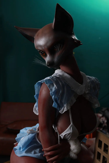 Vesper anthropomorphic fox sex doll in a three-quarter portrait under green studio lighting