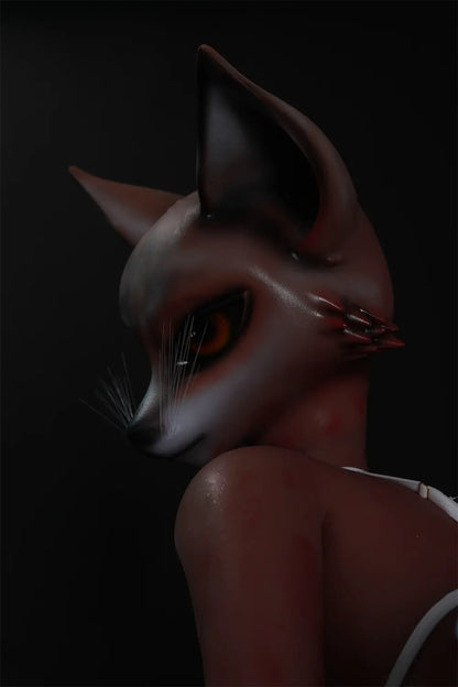 Side close-up of Vesper fox head turned over one shoulder against a dark background