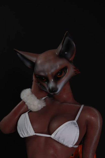 Portrait of Vesper fox sex doll with one hand beside the head and a white wrist cuff
