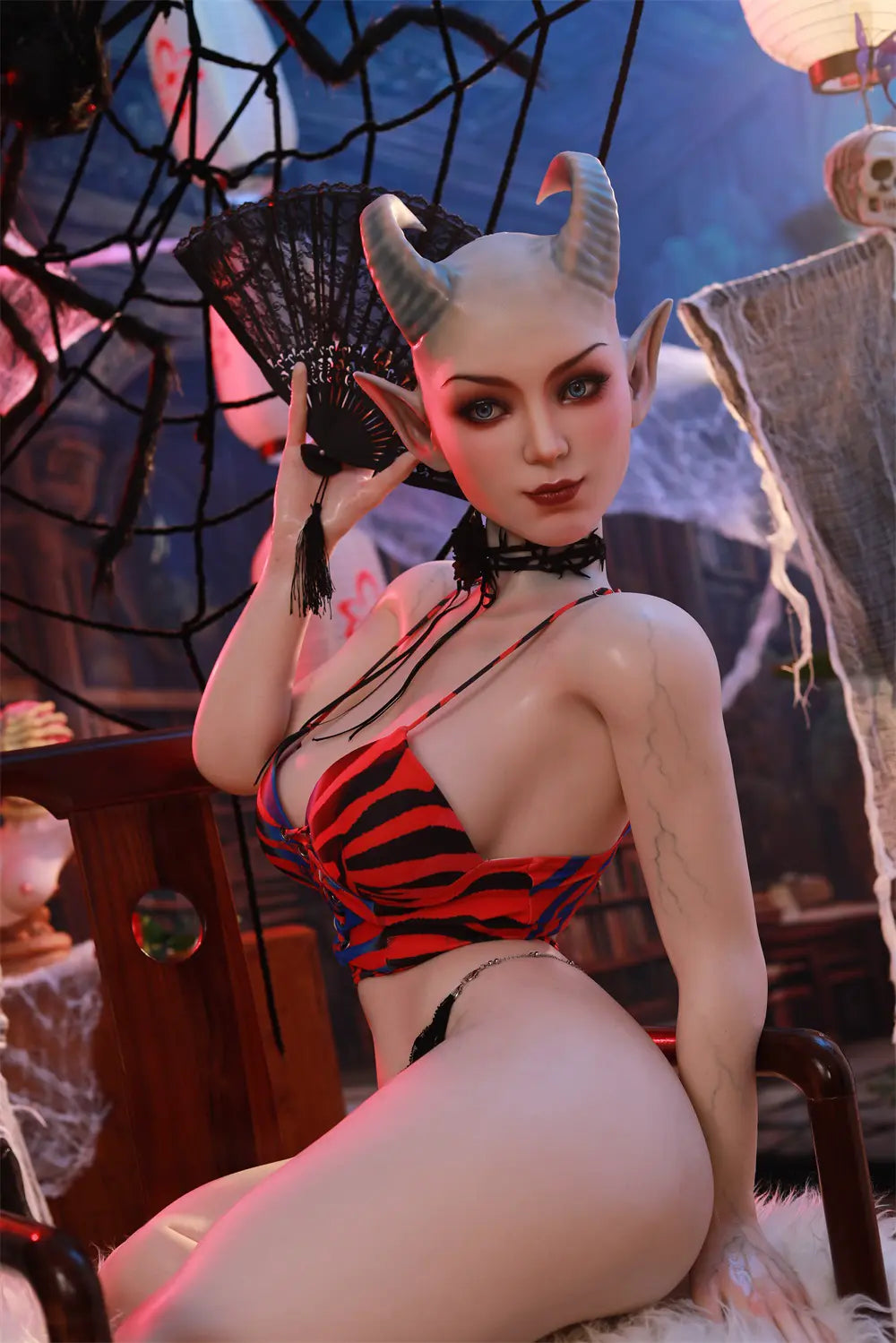 Three-quarter view of Veltris sex doll seated sideways with one hand near the shoulder
