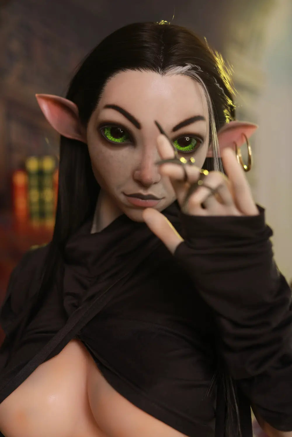 Portrait of Kaeryn sex doll showing pointed elf ears, dark hair and a black face covering