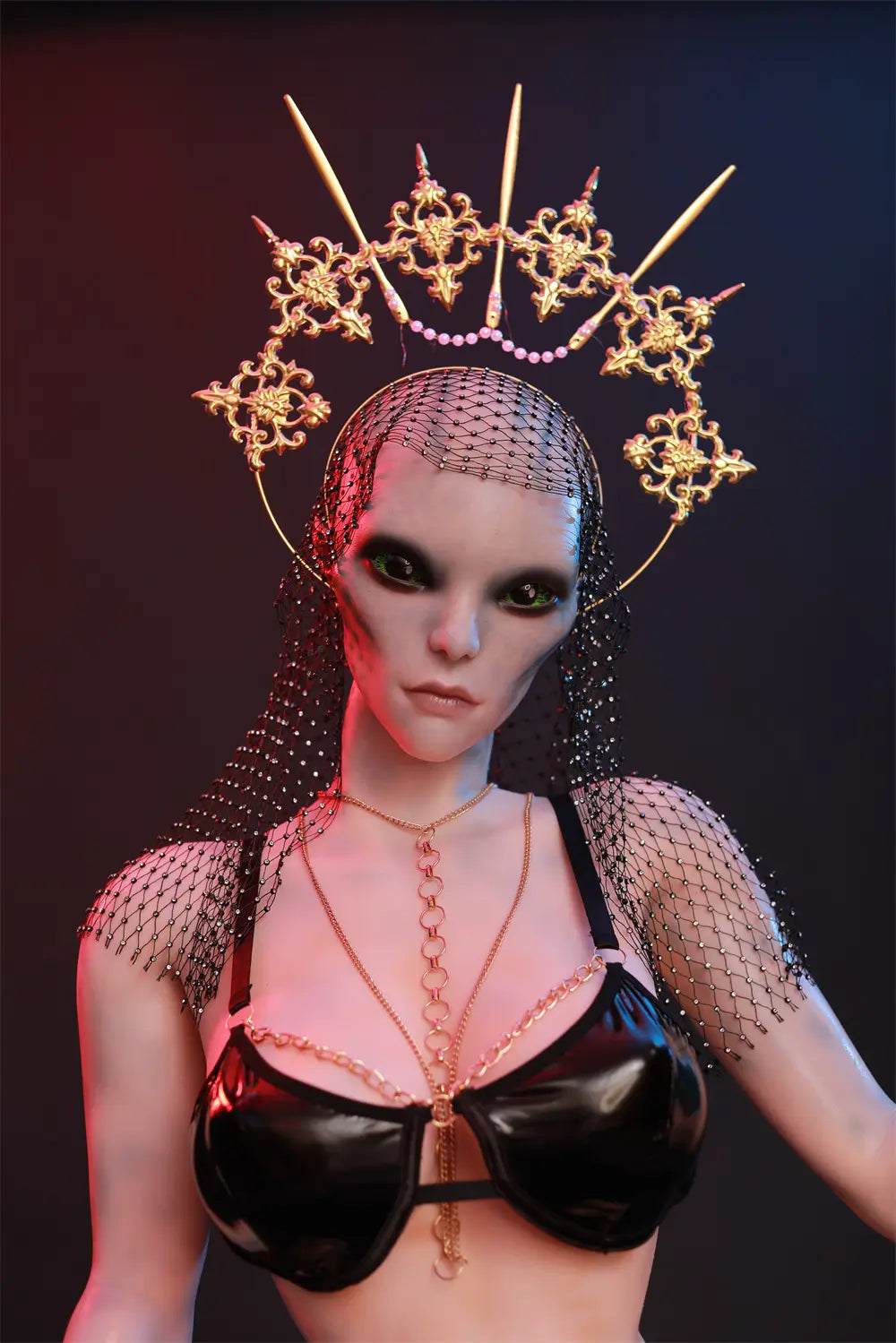 Three-quarter standing view of Aelyth sex doll wearing an ornate crown and black two-piece outfit