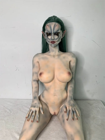 Front factory reference view of Morveth sex doll showing the fantasy head, green hair and torso