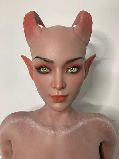 Front factory portrait of Tauris sex doll showing curved horns and fin-shaped ears