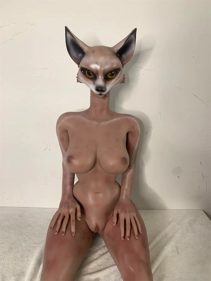 Front factory reference view of Vesper fox sex doll seated with hands resting on the thighs