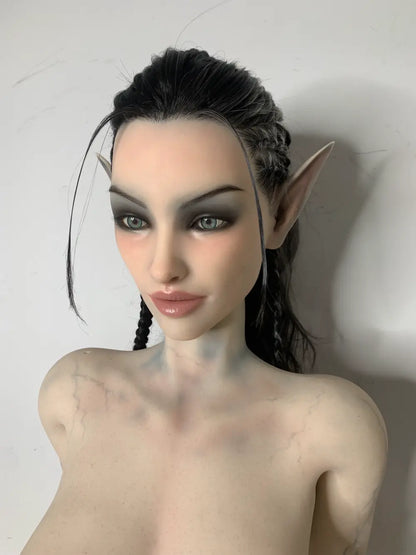 Front factory portrait of Sylthra sex doll showing the humanlike face, dark hair and pointed elf ears